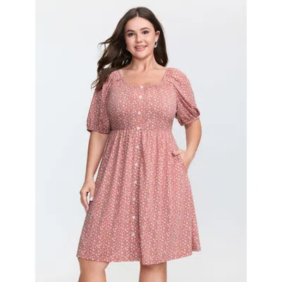 Bloomchic Women's Plus Size Floral Print Button Detail Mini Dress Dirtypink Ditsy Floral Knee Casual Button 10
