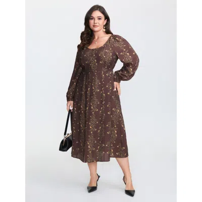 Bloomchic Women's Plus Size Floral Print Button Detail Round Neck Midi Dress Browncoffeecolor Botanical Midi E