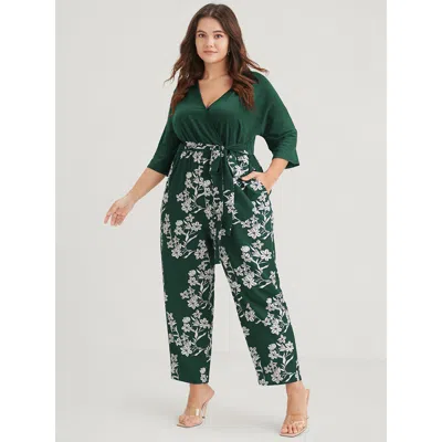 Bloomchic Women's Plus Size Floral Print Button Dolman Sleeve Pocket Knotted Wrap Jumpsuit Darkgreen Dailywear In Green