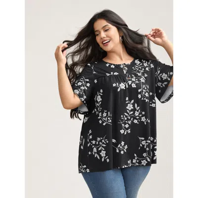 Bloomchic Women's Plus Size Floral Print Button Placket Pleated T-shirt Black Floral Everyday Short Sleeve 12/