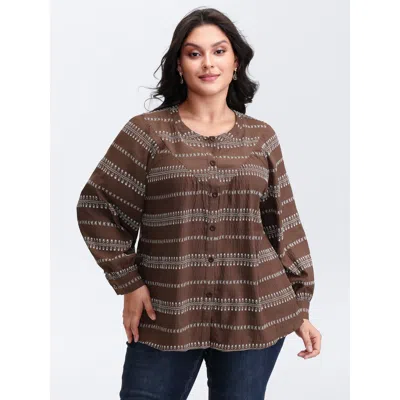 Bloomchic Women's Plus Size Floral Print Button-front Blouse Browncoffeecolor Geometric Vacation Extra Long Sl