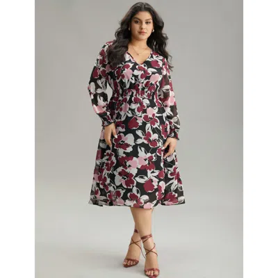 Bloomchic Women's Plus Size Floral Print Chiffon Shirred Elastic Cuffs Dress Black Dailywear Printed 30/6x