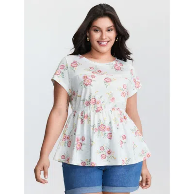Bloomchic Women's Plus Size Floral Print Cinched Flared Blouse Ivory Cap Sleeve Casual 10/m In White