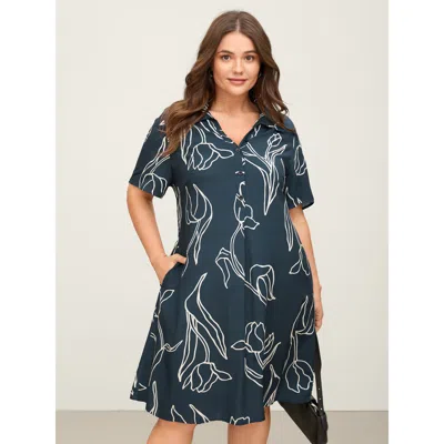 Bloomchic Women's Plus Size Floral Print Cinched Flared Knee-length Dress Darkblue Floral Short Office Non 10/ In Blue