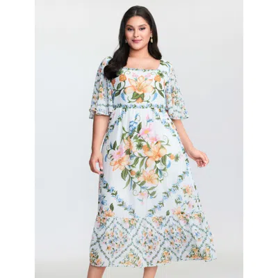 Bloomchic Women's Plus Size Floral Print Cinched Waist Maxi Dress Whitesmoke Floral Maxi Elegant Gathered 12/l