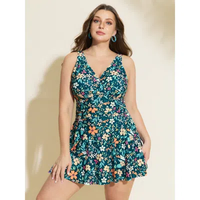 Bloomchic Women's Plus Size Floral Print Cinched Waist Swim Dress Cyan Floral Non Adjustable Straps 10/m In Blue