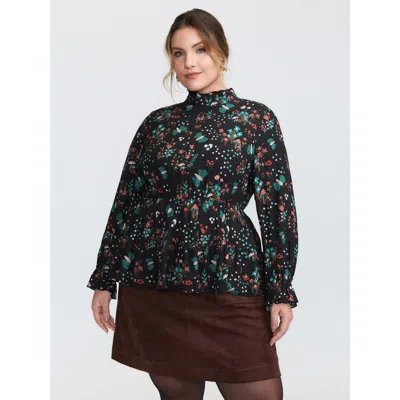 Bloomchic Women's Plus Size Floral Print Cinched-waist Blouse Blackflower Floral Elegant Long Sleeve 12/l
