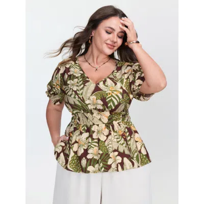 Bloomchic Women's Plus Size Floral Print Cinched-waist Blouse Multicolor Floral Vacation Half Sleeve 18-20/2x