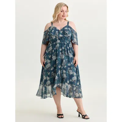 Bloomchic Women's Plus Size Floral Print Cold-shoulder Midi Dress Indigo Ditsy Floral Midi Elegant Cold Should In Purple
