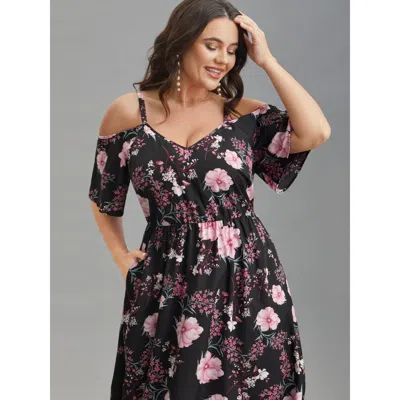 Bloomchic Women's Plus Size Floral Print Cold-shoulder Pockets Midi Dress Black Floral Midi Elegant Non 10/m