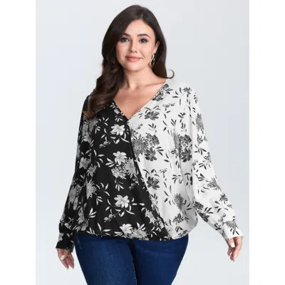 Bloomchic Women's Plus Size Floral Print Color Block Blouse Blackflower Floral Elegant Long Sleeve V-neck 12/l