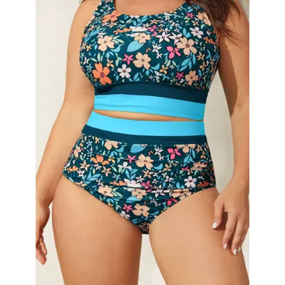 Bloomchic Women's Plus Size Floral Print Color Contrast Bikini Bottoms Aegean Ditsy Floral Cropped Colorblock  In Blue