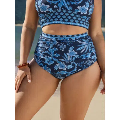 Bloomchic Women's Plus Size Floral Print Color Contrast Bikini Bottoms Aegean Floral Short Fully Elasticated W In Blue