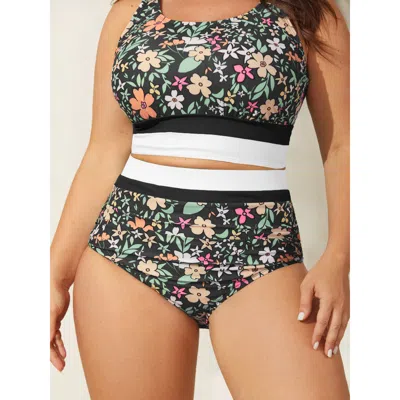 Bloomchic Women's Plus Size Floral Print Color Contrast Bikini Bottoms Black Ditsy Floral Cropped Colorblock E