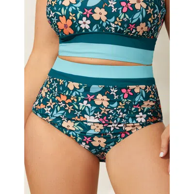 Bloomchic Women's Plus Size Floral Print Color Contrast Bikini Bottoms Cyan Ditsy Floral Cropped Colorblock El In Blue
