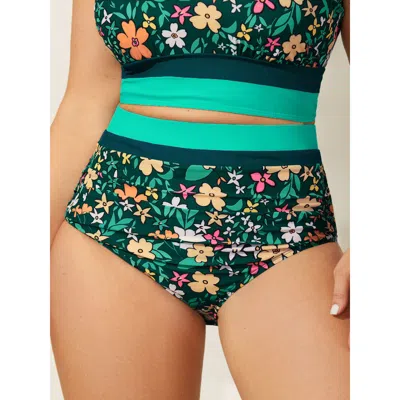 Bloomchic Women's Plus Size Floral Print Color Contrast Bikini Bottoms Darkgreen Ditsy Floral Cropped Colorblo In Green