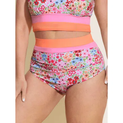 Bloomchic Women's Plus Size Floral Print Color Contrast Bikini Bottoms Peach Ditsy Floral Cropped Colorblock E In Orange