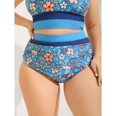 Bloomchic Women's Plus Size Floral Print Color Contrast Bikini Bottoms Skyblue Ditsy Floral Cropped Colorblock In Blue