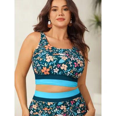 Bloomchic Women's Plus Size Floral Print Color Contrast Bikini Top Aegean Ditsy Floral Sleeveless Colorblock 3 In Blue