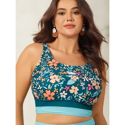 Bloomchic Women's Plus Size Floral Print Color Contrast Bikini Top Cyan Ditsy Floral Sleeveless Colorblock 12/ In Blue
