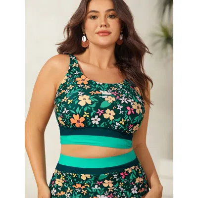 Bloomchic Women's Plus Size Floral Print Color Contrast Bikini Top Darkgreen Ditsy Floral Sleeveless Colorbloc In Green