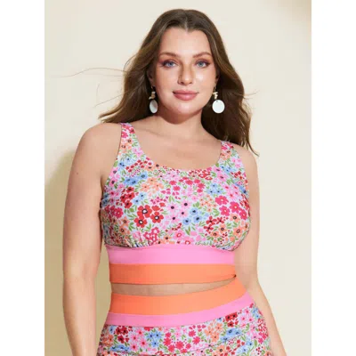 Bloomchic Women's Plus Size Floral Print Color Contrast Bikini Top Peach Ditsy Floral Sleeveless Colorblock 10 In Orange