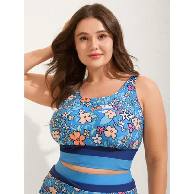 Bloomchic Women's Plus Size Floral Print Color Contrast Bikini Top Skyblue Ditsy Floral Sleeveless Colorblock  In Blue