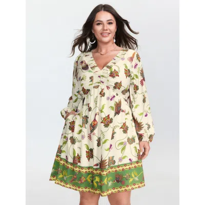 Bloomchic Women's Plus Size Floral Print Color Contrast Hem Mini Dress Multicolor Bohemian Print Short Vacatio