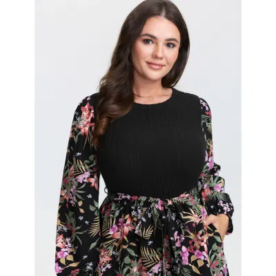 Bloomchic Women's Plus Size Floral Print Color Contrast Midi Dress Black Floral Midi Elegant Texture 30/6x