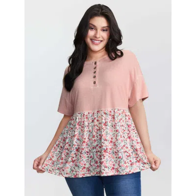 Bloomchic Women's Plus Size Floral Print Color Contrast Placket T-shirt Nudepink Ditsy Floral Casual Half Slee