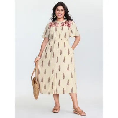 Bloomchic Women's Plus Size Floral Print Color Contrast Pockets Midi Dress Beige Floral Midi Vacation 10/m In Sand
