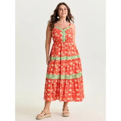 Bloomchic Women's Plus Size Floral Print Color Contrast Stripe Midi Dress Coral Tropical Maxi Vacation Colorbl In Orange