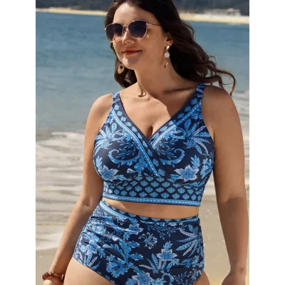 Bloomchic Women's Plus Size Floral Print Color Contrast Surplice Bikini Top Aegean Floral Sleeveless Adaptive- In Blue