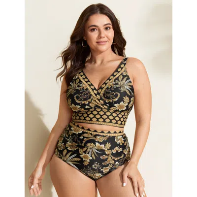 Bloomchic Women's Plus Size Floral Print Color Contrast Surplice Bikini Top Black Floral Sleeveless Adaptive-f