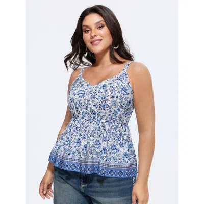 Bloomchic Women's Plus Size Floral Print Color Contrast Tank Top Mediumblue Vacation V-neck 12/l