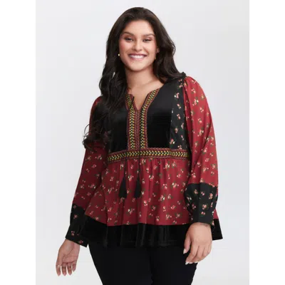 Bloomchic Women's Plus Size Floral Print Color Contrast Tie Blouse Multicolor Bohemian Print Vacation Long Sle