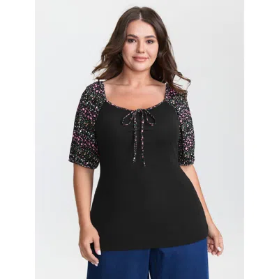 Bloomchic Women's Plus Size Floral Print Color Contrast T-shirt Black Non Casual Short Sleeve 30/6x