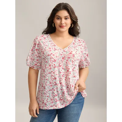 Bloomchic Women's Plus Size Floral Print Colorful Lace Knit Top Originalwhite Short Sleeve Elegant 10/m