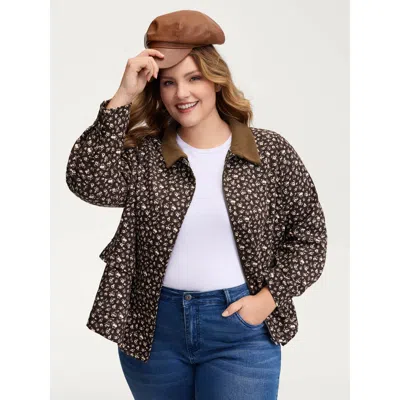 Bloomchic Women's Plus Size Floral Print Contrast Collar Jacket Browncoffeecolor Colorblock H-line 14-16/1x
