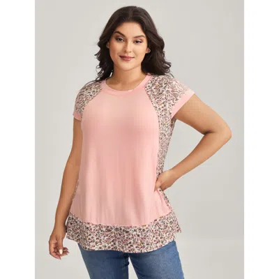 Bloomchic Women's Plus Size Floral Print Contrast Cut-out T-shirt Mistyrose Ditsy Floral Casual Short Sleeve R