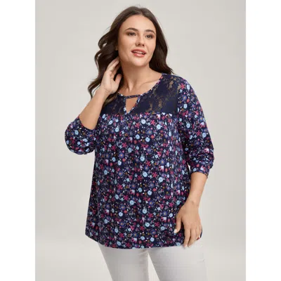 Bloomchic Women's Plus Size Floral Print Contrast Flowy Knit Top Midnight Extra Long Sleeve Casual 10/m In Blue