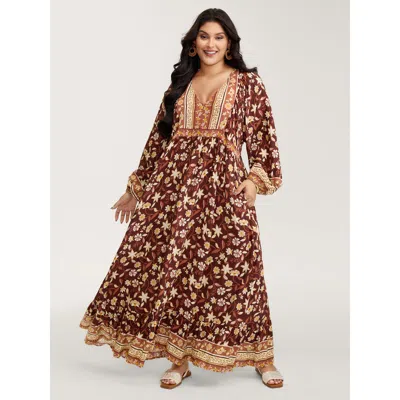 Bloomchic Women's Plus Size Floral Print Contrast Neckline Maxi Dress Browncoffeecolor Bohemian Print Maxi Vac