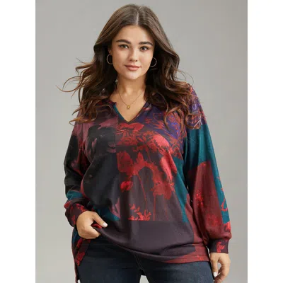 Bloomchic Women's Plus Size Floral Print Contrast Notched Sweatshirt Multicolor Floral Dailywear 10/m
