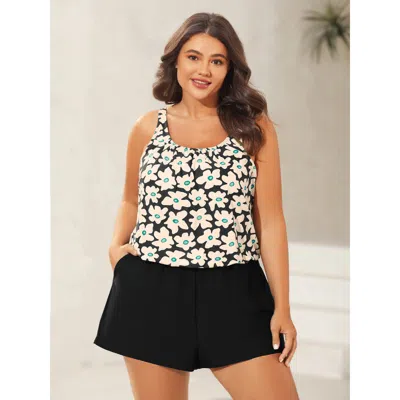 Bloomchic Women's Plus Size Floral Print Contrast One-piece Swimsuit Black Art Print Non Adaptive-fit 12/l