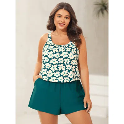 Bloomchic Women's Plus Size Floral Print Contrast One-piece Swimsuit Darkgreen Art Print Non Adaptive-fit 30/6 In Green