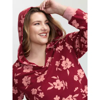 Bloomchic Women's Plus Size Floral Print Contrast Pockets Hoodie Raspberry Casual 12/l In Pink