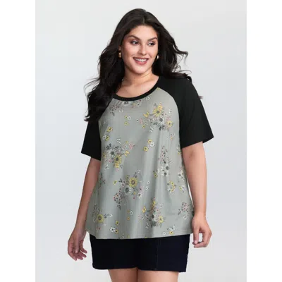 Bloomchic Women's Plus Size Floral Print Contrast Raglan Sleeve T-shirt Dimgray Floral Casual Short Sleeve Rou