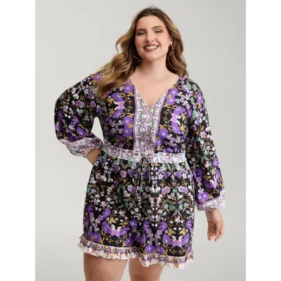 Bloomchic Women's Plus Size Floral Print Contrast Ruffled Trim Romper Blackflower Vacation 10/m