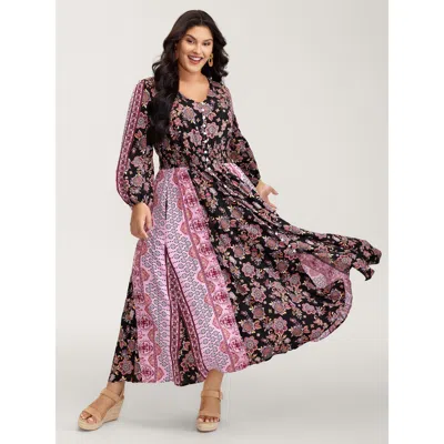 Bloomchic Women's Plus Size Floral Print Contrast Stripe Button Maxi Dress Lilac Bohemian Print Maxi Vacation  In Purple