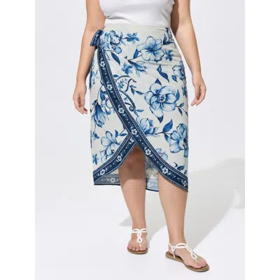 Bloomchic Women's Plus Size Floral Print Contrast Wrap Tie Midi Skirt Lightblue Wrap / Overlap Sheath Vacation In Blue